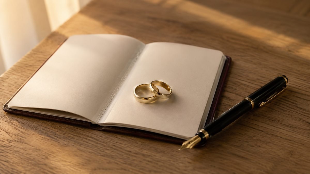 Two wedding rings resting on a blank document with a pen, symbolizing choosing a new combined last name after marriage
